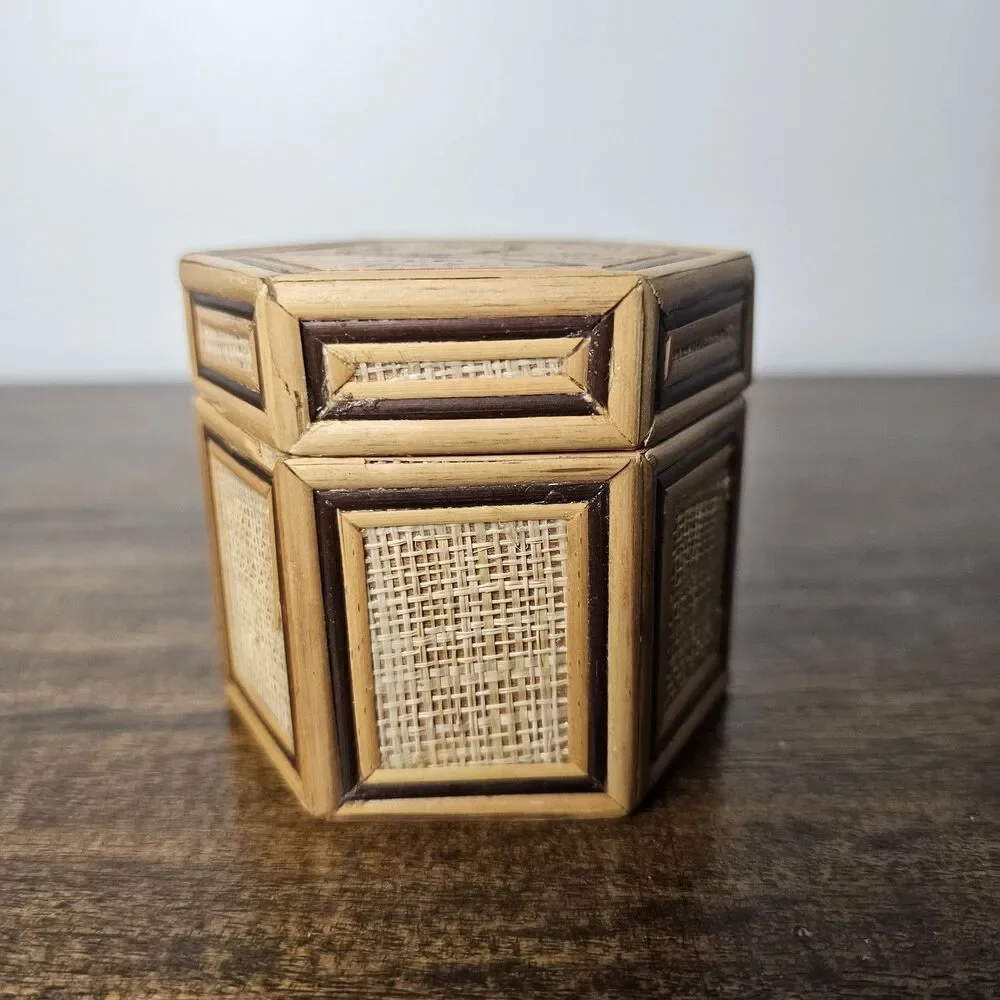 Small Vintage Woven Bamboo Hexagon Box Pyrography Red Velvet